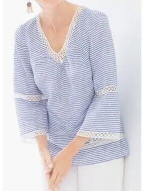 CHICO’S 100% Linen V-neck Blouse Crochet Trim XL Boho Coastal Relaxed